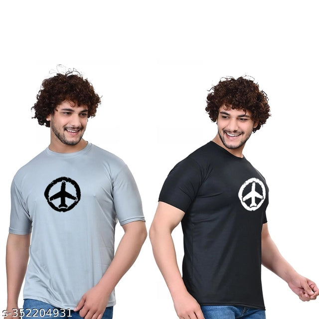 Cotton Blend Round Neck Printed T-Shirt for Men (Black & Grey, S) (Pack of 2)